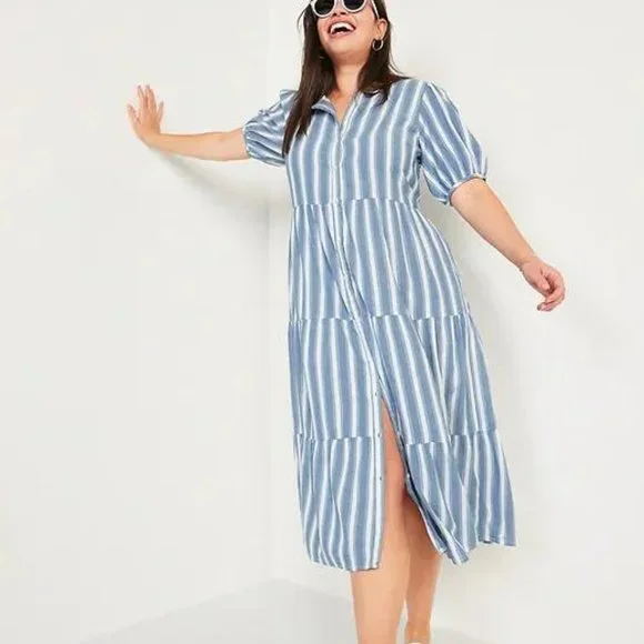 Old Navy Puff-Sleeve Tiered Striped Plus Midi Swing Dress for Women New - Picture 3 of 4